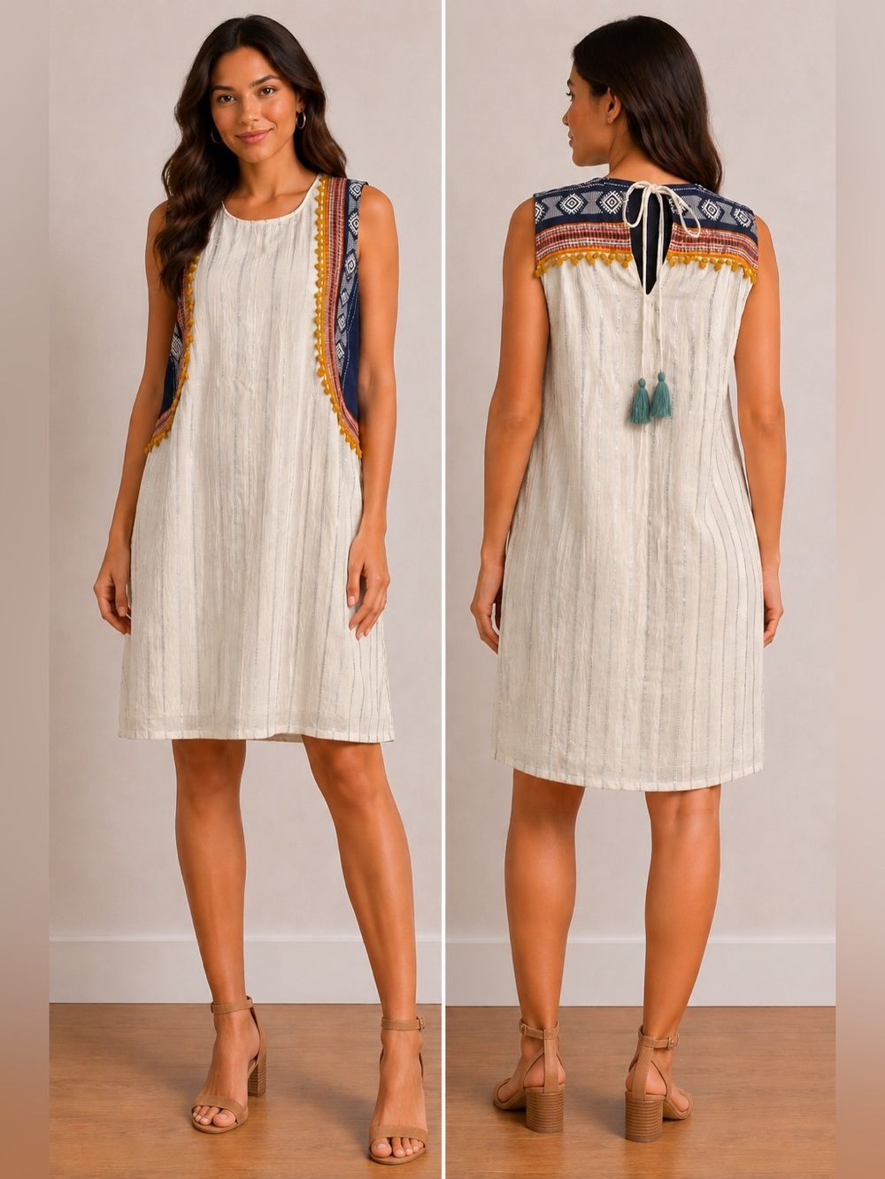 Altar’d State Abara Boho Embroidered Metallic Stripe Shift Dress Ivory Blue L